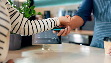 coffee shop, closeup and woman paying with machine