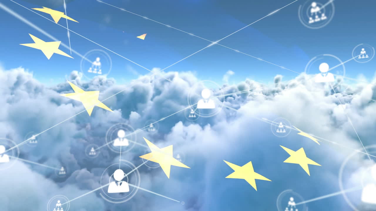 Networking icons and european flag animation over clouds in blue sky