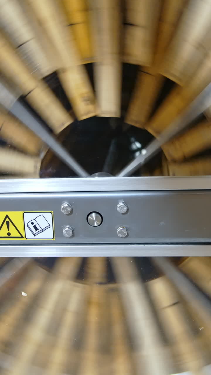 Spinning of honey extractor. Removal of honey from the honeycomb in special device. Centrifuge machine is pumping organic honey while spinning with frames with honeycombs. Top view. Vertical video