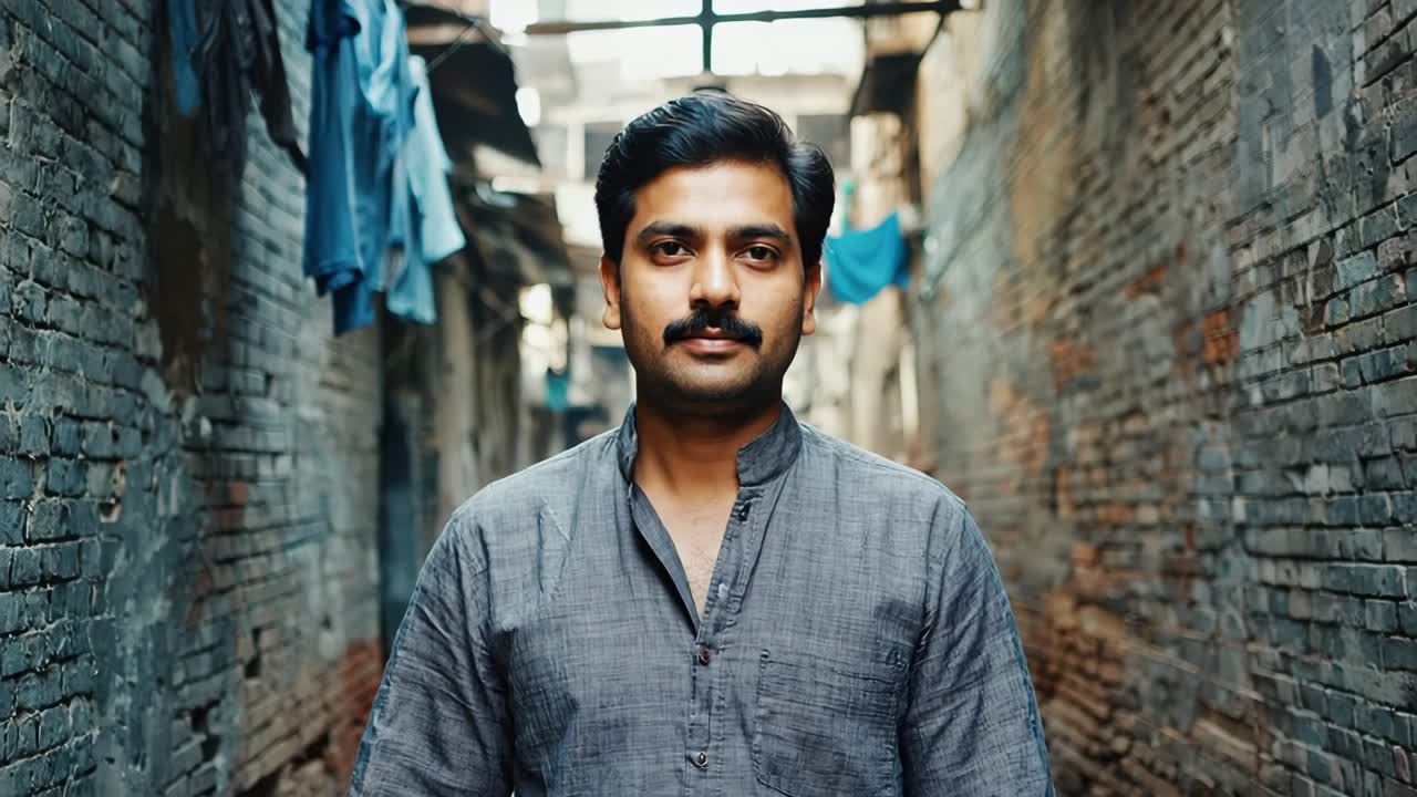 Male resident standing between weathered brick walls, traditional attire, laundry hanging overhead, narrow urban passageway revealing socioeconomic challenges in Indian neighborhood