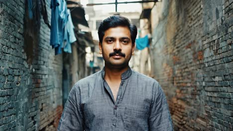 male resident standing between weathered brick walls, traditional attire, laundry hanging overhead, narrow urban passageway revealing socioeconomic challenges in indian neighborhood