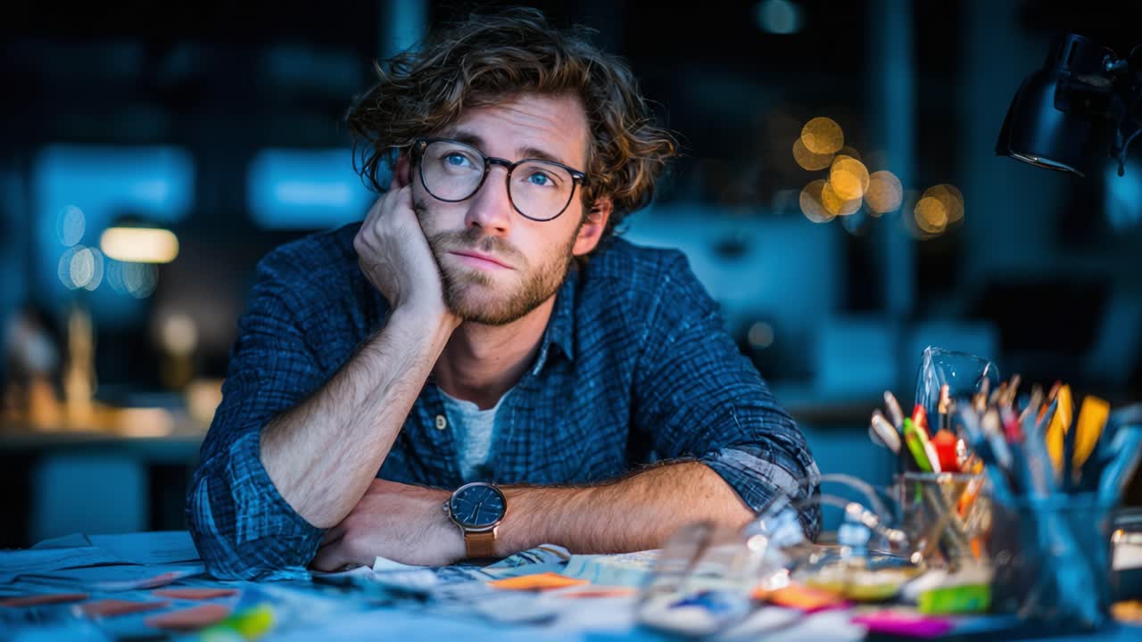 Contemplative Young Man in a Dimly Lit Workspace Surrounded by Papers and Stationery, Deep in Thought While Facing Challenges