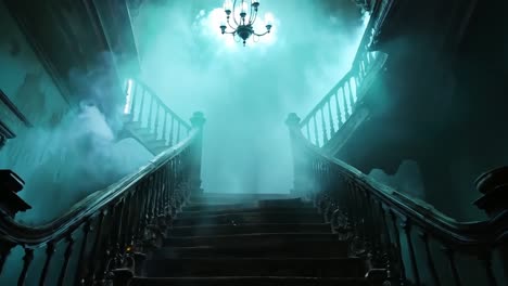 a dark stairway in a dark room with a chandelier hanging from the ceiling