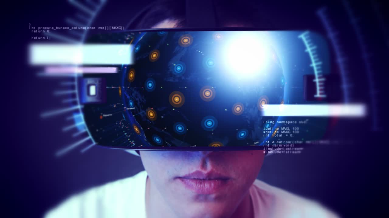 Handsome young man wearing VR headset and experiencing virtual reality.