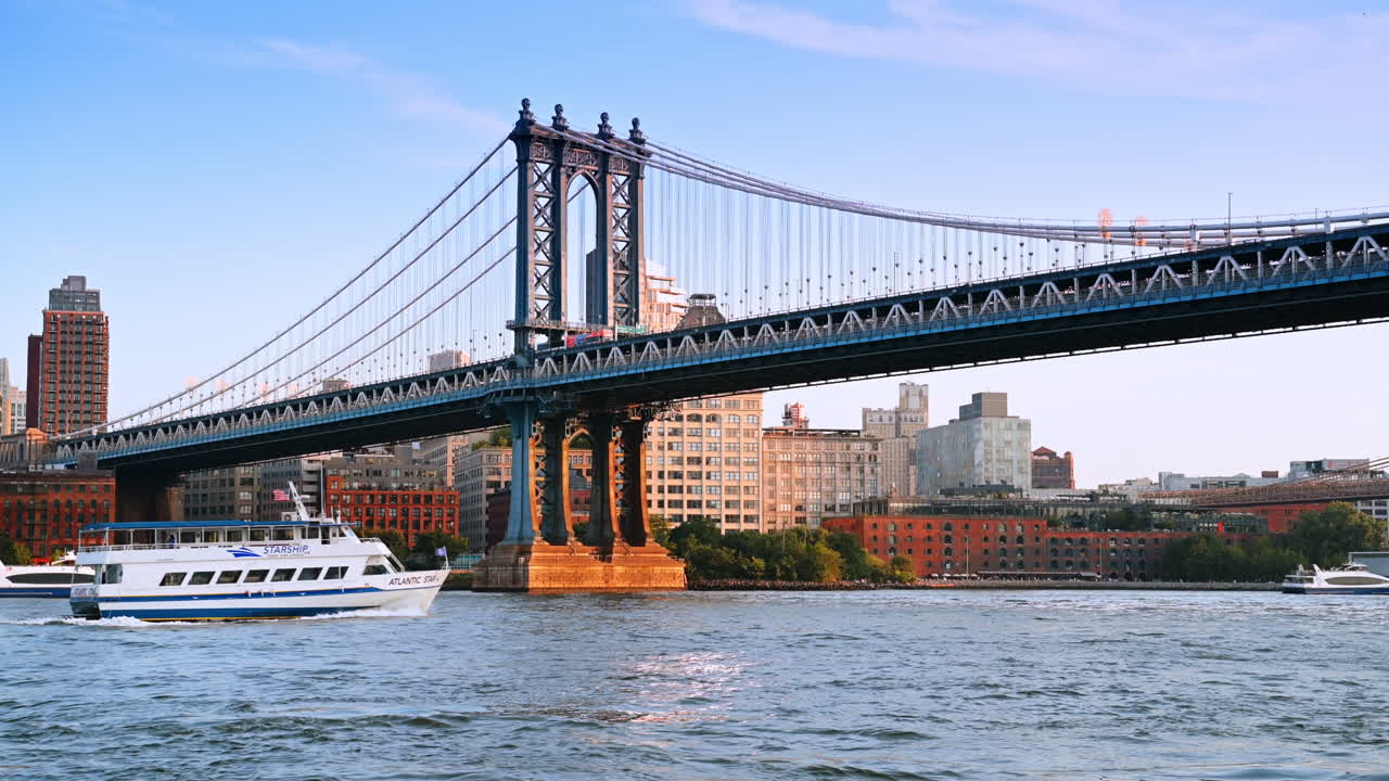 Ponte di Manhattan con barche sull'East River a New York. Vista panoramica del ponte di Manhattan che attraversa l'East River con barche ed edifici sullo sfondo