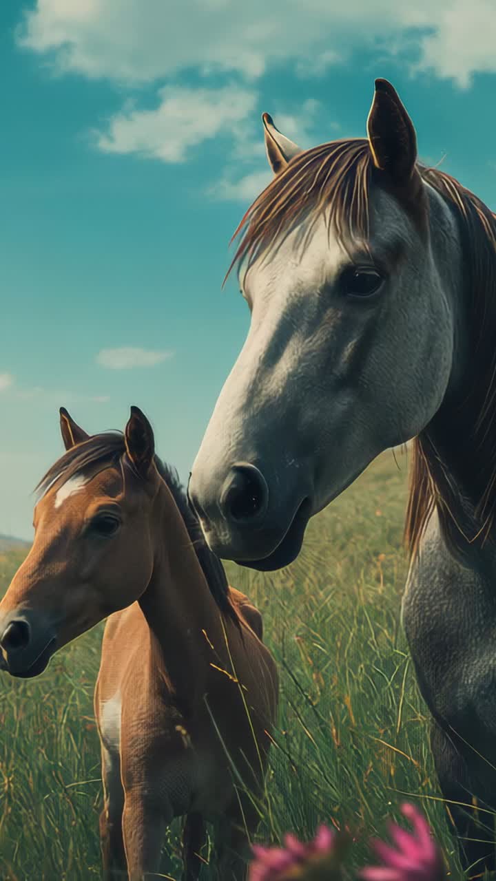 Vertical video: Stepping bay foal nearing while gray mare turning in grassy meadow, pink blooms