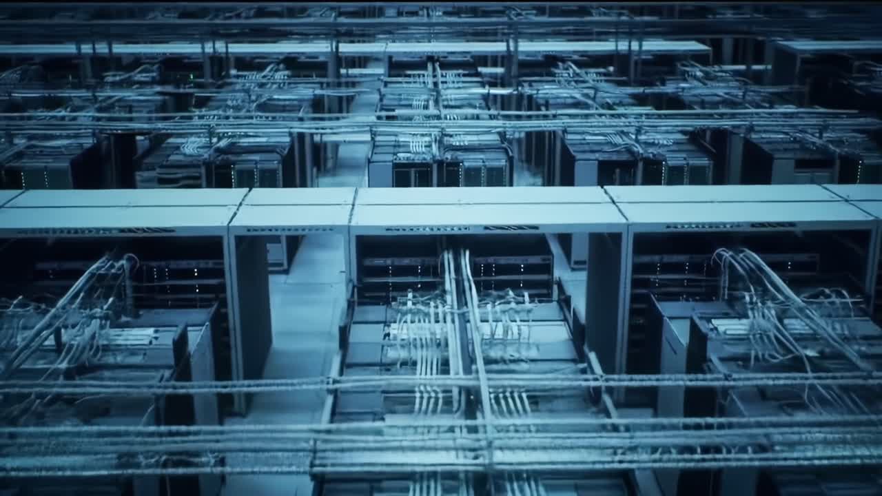 An Overview of Data Center Infrastructure: High-Tech Server Racks and Intricate Cabling Showcasing Modern Computing Power and Network Connectivity