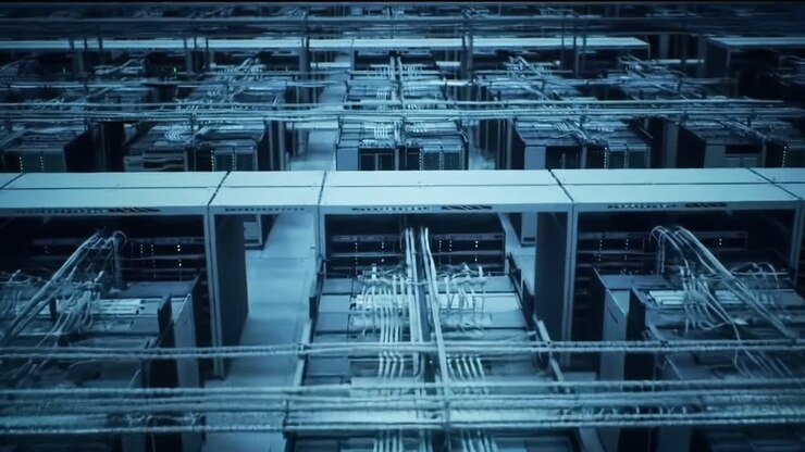 An Overview of Data Center Infrastructure: High-Tech Server Racks and Intricate Cabling Showcasing Modern Computing Power and Network Connectivity