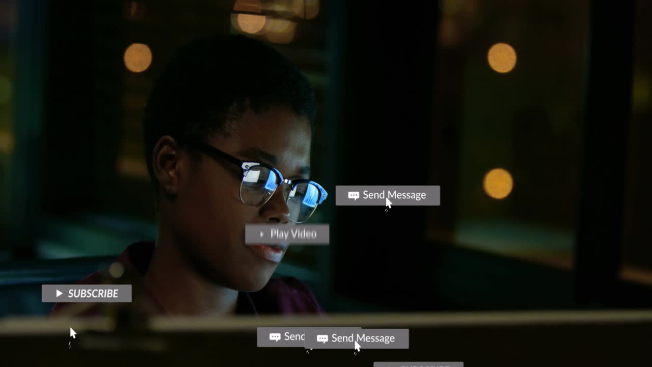 Woman sitting desk staring screen seeing tech alerts popping around her then fading while working