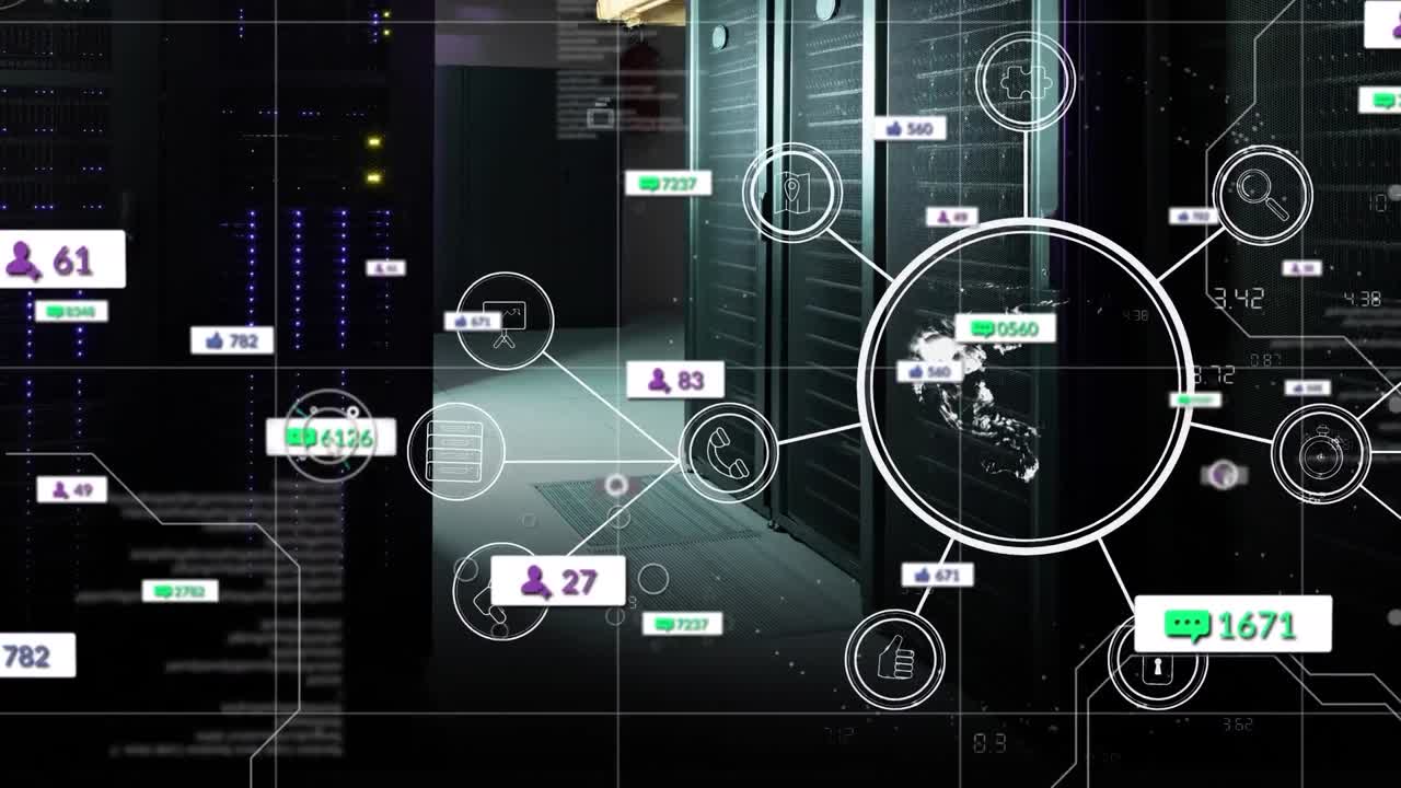 Animation of media icons and data processing over server room
