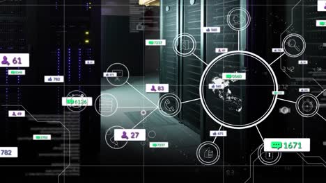 animación de iconos de medios y procesamiento de datos en la sala del servidor