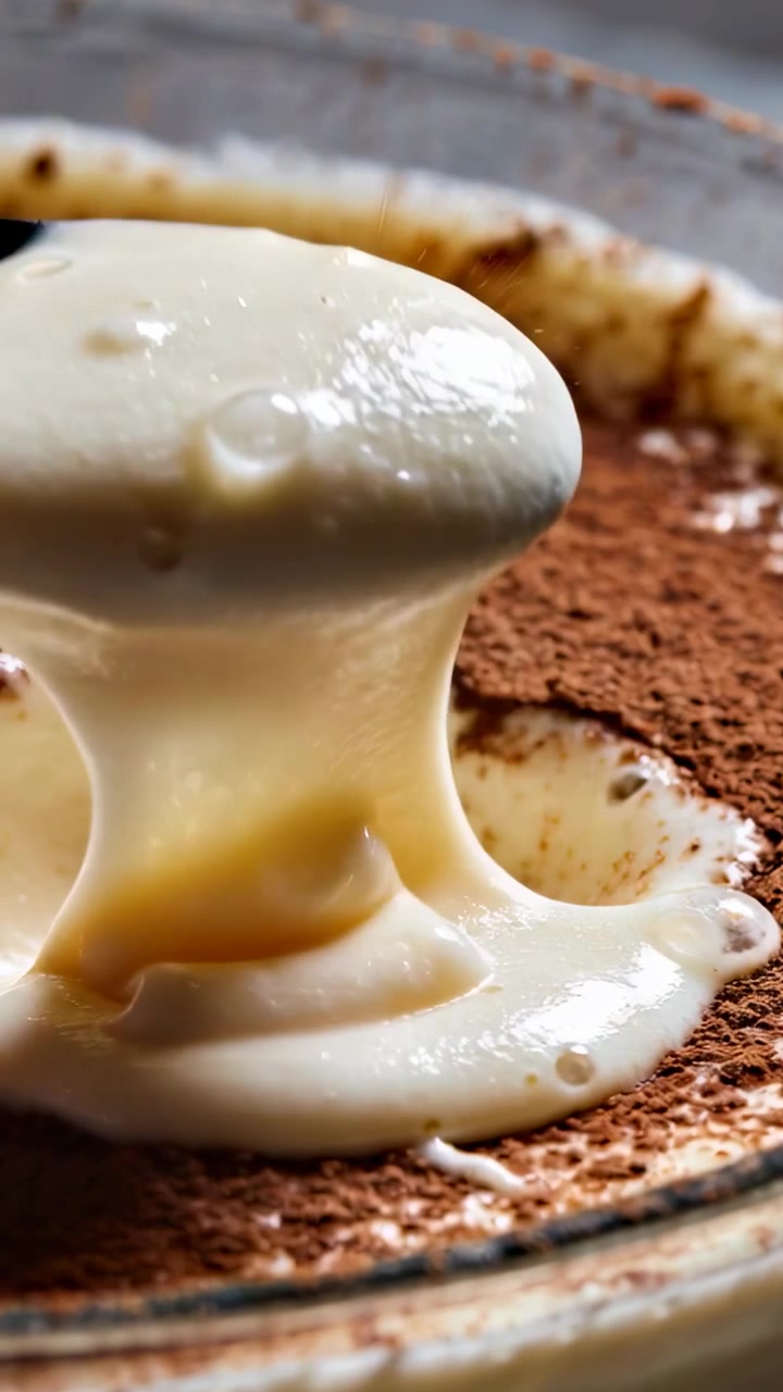 Vertical video: Entering, spoon pouring thick cream into glass dish to top cocoa dust, soaked rim