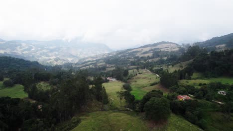 Moving-aerial-view-of-wild-dense-trees-and-hills-covered-with-clouds-at-background