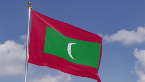 Flag-Of-Maldives-Moving-In-The-Wind-With-A-Clear-Blue-Sky-In-The-Background,-Clouds-Slowly-Moving,-Flagpole,-Slow-Motion