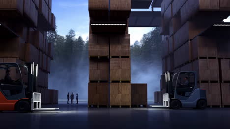 forklifts and people in a large warehouse with stacks of boxes