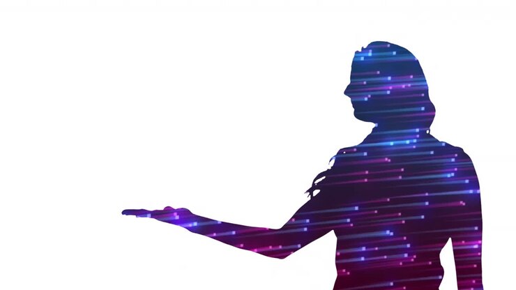 Animation of silhouette of businesswoman holding hand out with light trails on white background