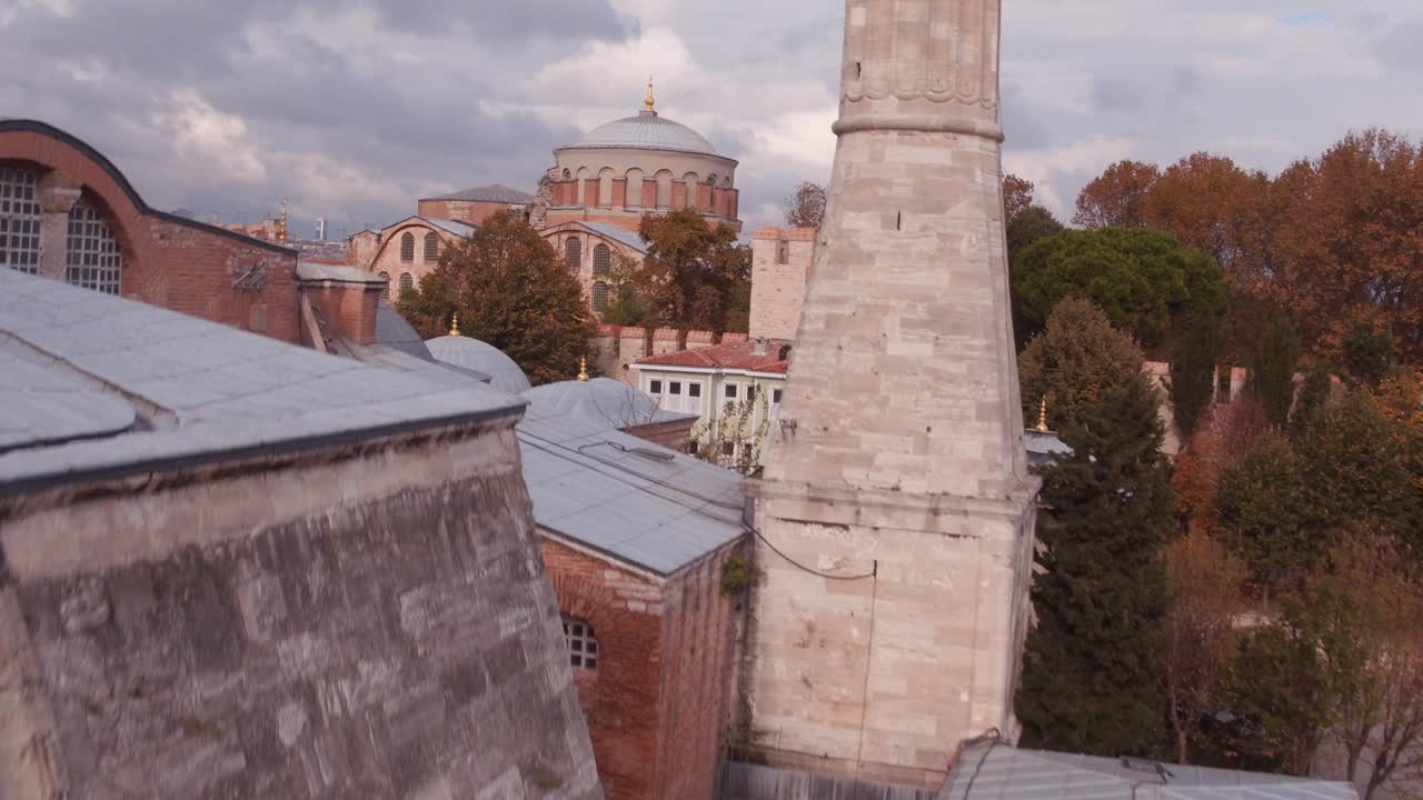Topkapi palace,  Hagia Sophia mosque view, 4k drone video with Bosphorus view