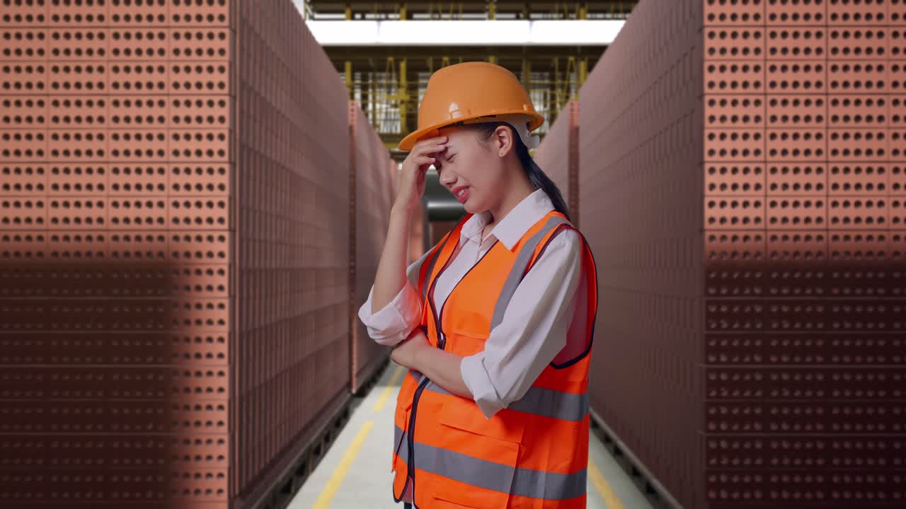 Side View Of Asian Female Engineer With Safety Helmet Having A Headache While Working With Red Brick Packed in Stacks Are Stored