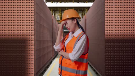 side view of asian female engineer with safety helmet having a headache while working with red brick packed in stacks are stored