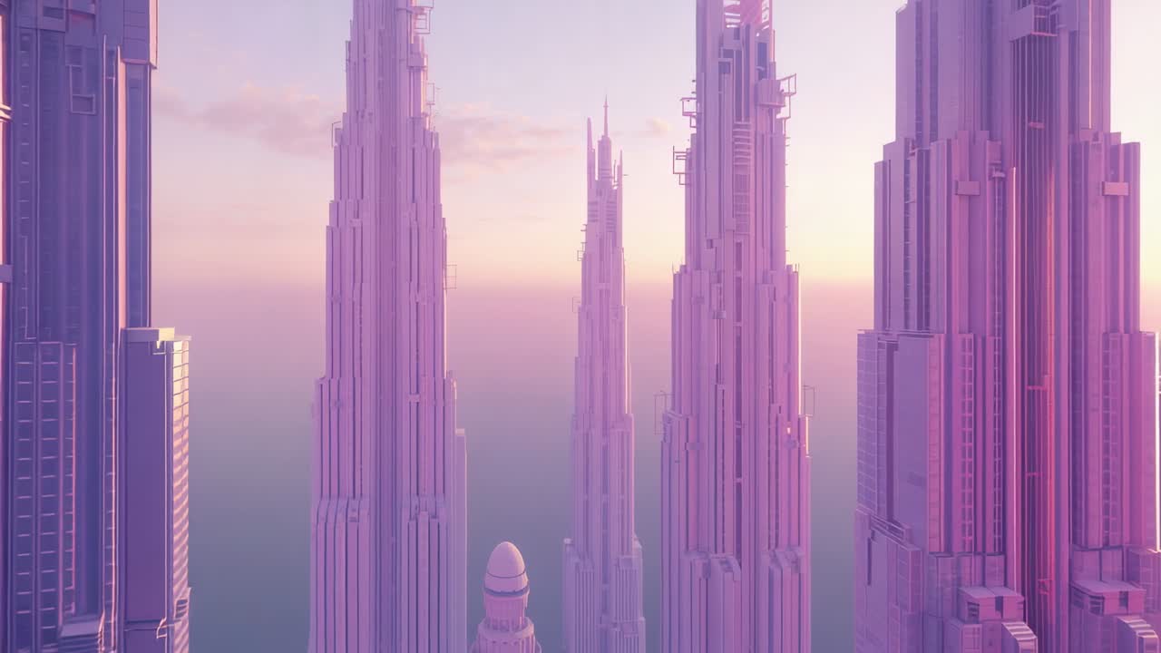 Panning camera left at opening revealing spire skyscrapers in low haze at dusk, pastel gradient sky