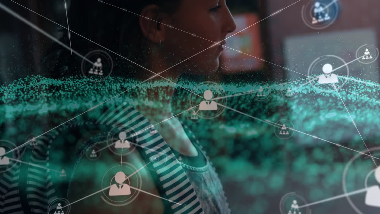 animación de la red de conexiones y puntos brillantes sobre la adolescente caucásica