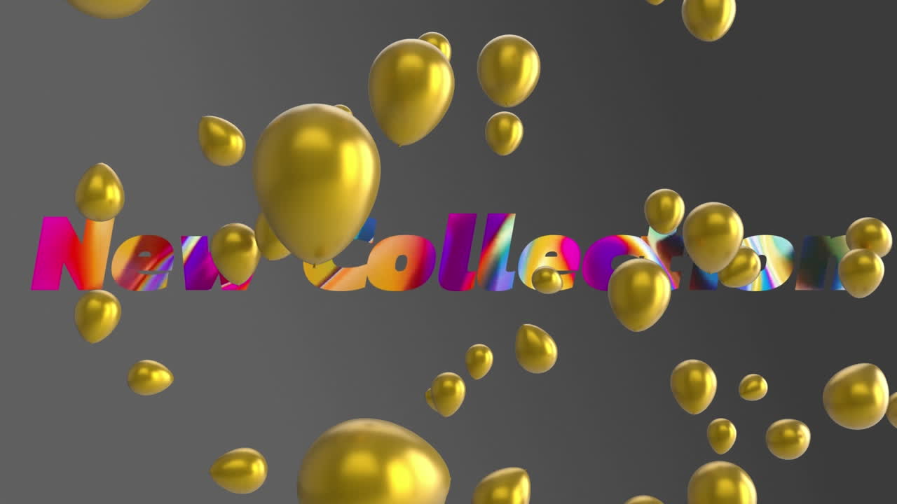 animación de globos dorados flotando sobre el gradiente nuevo banner de texto de colección sobre fondo gris
