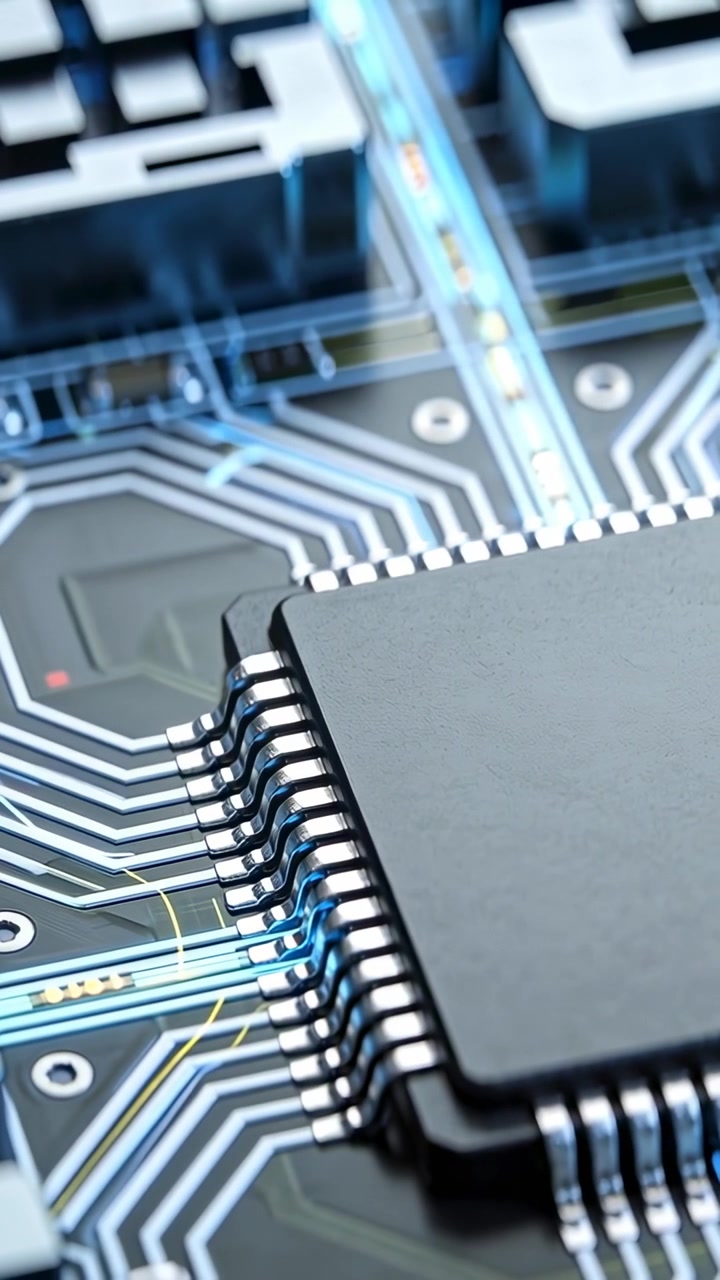 Video verticale: Telecamera macro che panoramica rivelando un IC nero su PCB, mostrando pin saldati e tracce.