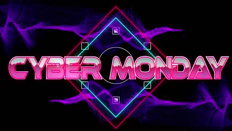 Animation-of-glitch-effect-over-cyber-monday-text-banner-against-purple-digital-waves