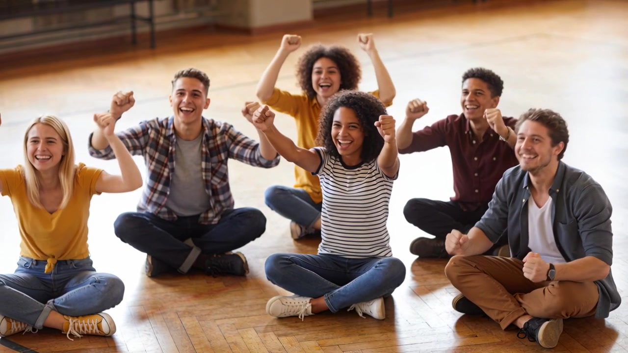 Cheering six people in casual clothes pumping fists, clapping on hardwood floor after offscreen cue