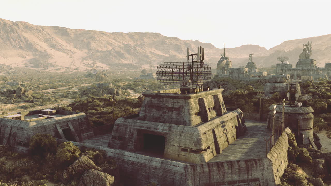 Abandoned industrial complex amidst rugged terrain under bright daylight