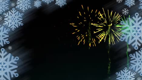 Animation-Von-Feuerwerk-Und-Schneeflocken,-Die-In-Eine-Winterlandschaft-Fallen