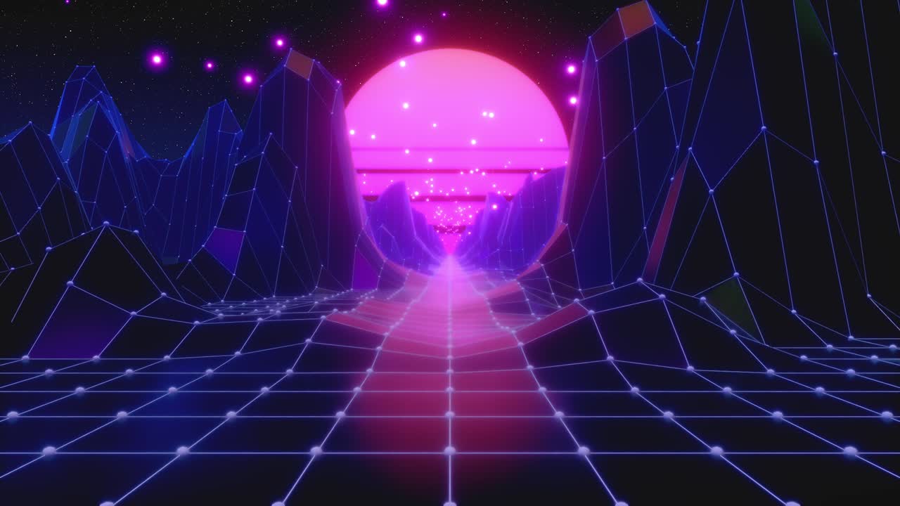 vuelo retro futurista en el espacio con una malla poligonal en las colinas y el piso generados. concepto 80s 90s. fantástico fondo de neón abstracto. bucle sin costuras 3d render