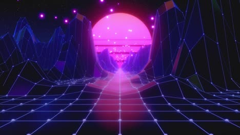 vuelo retro futurista en el espacio con una malla poligonal en las colinas y el piso generados. concepto 80s 90s. fantástico fondo de neón abstracto. bucle sin costuras 3d render
