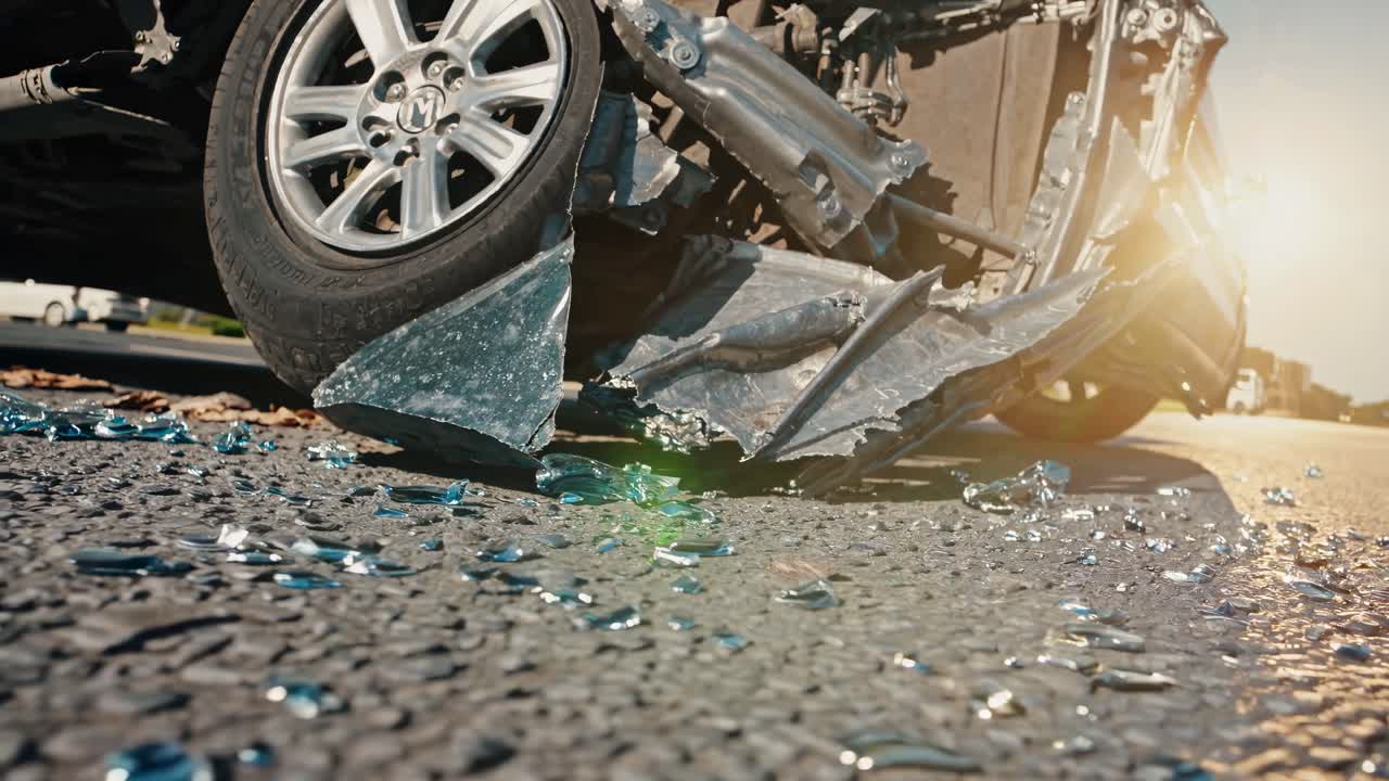Low-angle shot of a car crash scene with shattered glass on the road, capturing the aftermath