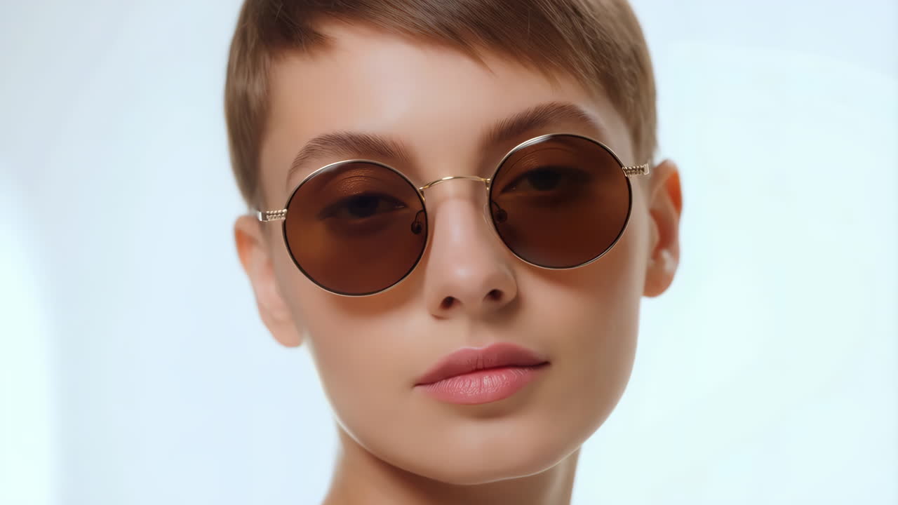 Close-up of a person wearing round sunglasses