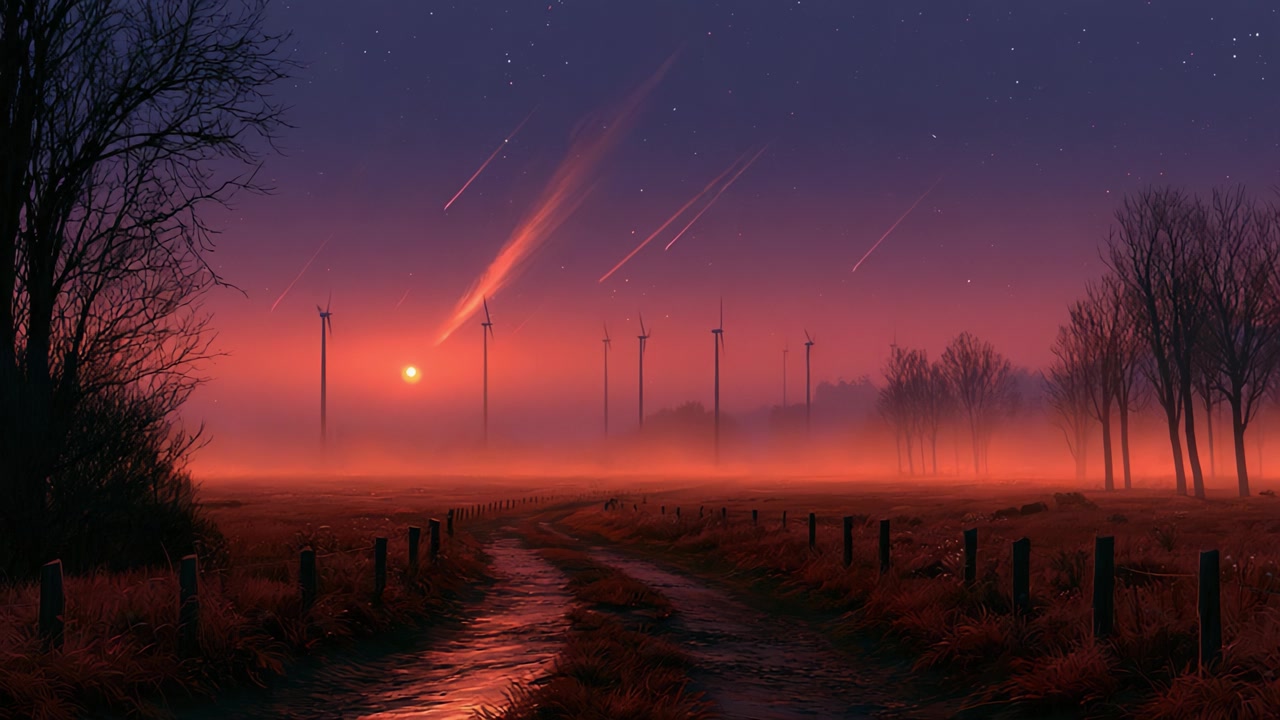 Una scena mozzafiato al crepuscolo con la scia di una cometa sopra le turbine eoliche in un paesaggio nebbioso, dove la natura incontra le meraviglie celesti.