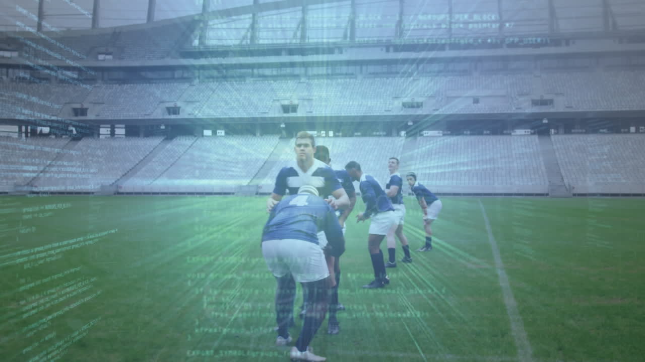 스타디움에서 럭비 선수들에 대한 데이터 처리 애니메이션