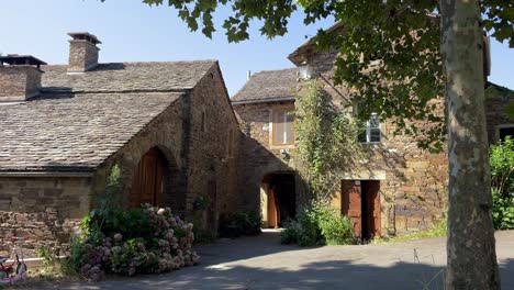 Traditionelles-Steinhaus-Mit-Hortensienblüten-In-Voller-Blüte-Davor