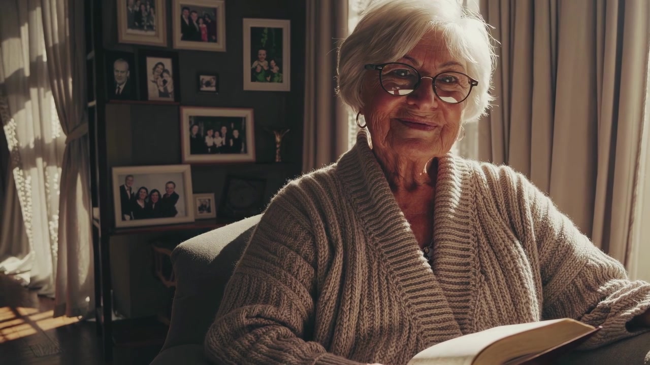 Happy Elderly Woman Reading a Book and Smiling at Camera