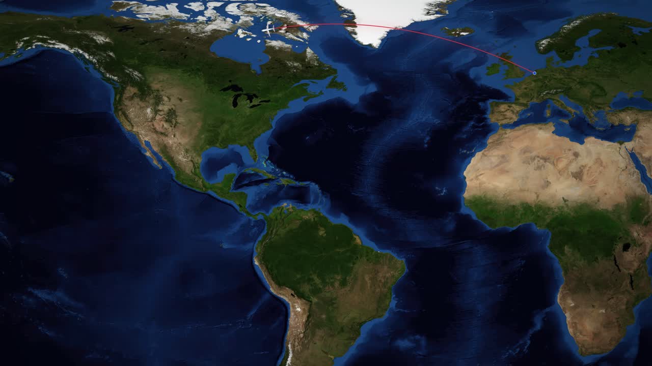 Una mappa del mondo digitale mostra un'icona di aereo che viaggia da Amsterdam a Vancouver via satellite.