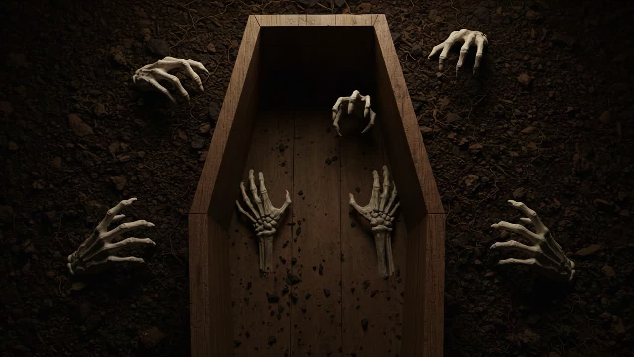 A Spine-Chilling Encounter: Eerie Skeleton Hands Emerge from an Open Coffin Surrounded by Dark Soil, Evoking Fear and Curiosity in a Haunting Setting