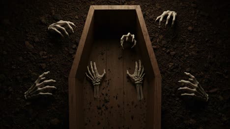 a spine-chilling encounter: eerie skeleton hands emerge from an open coffin surrounded by dark soil, evoking fear and curiosity in a haunting setting