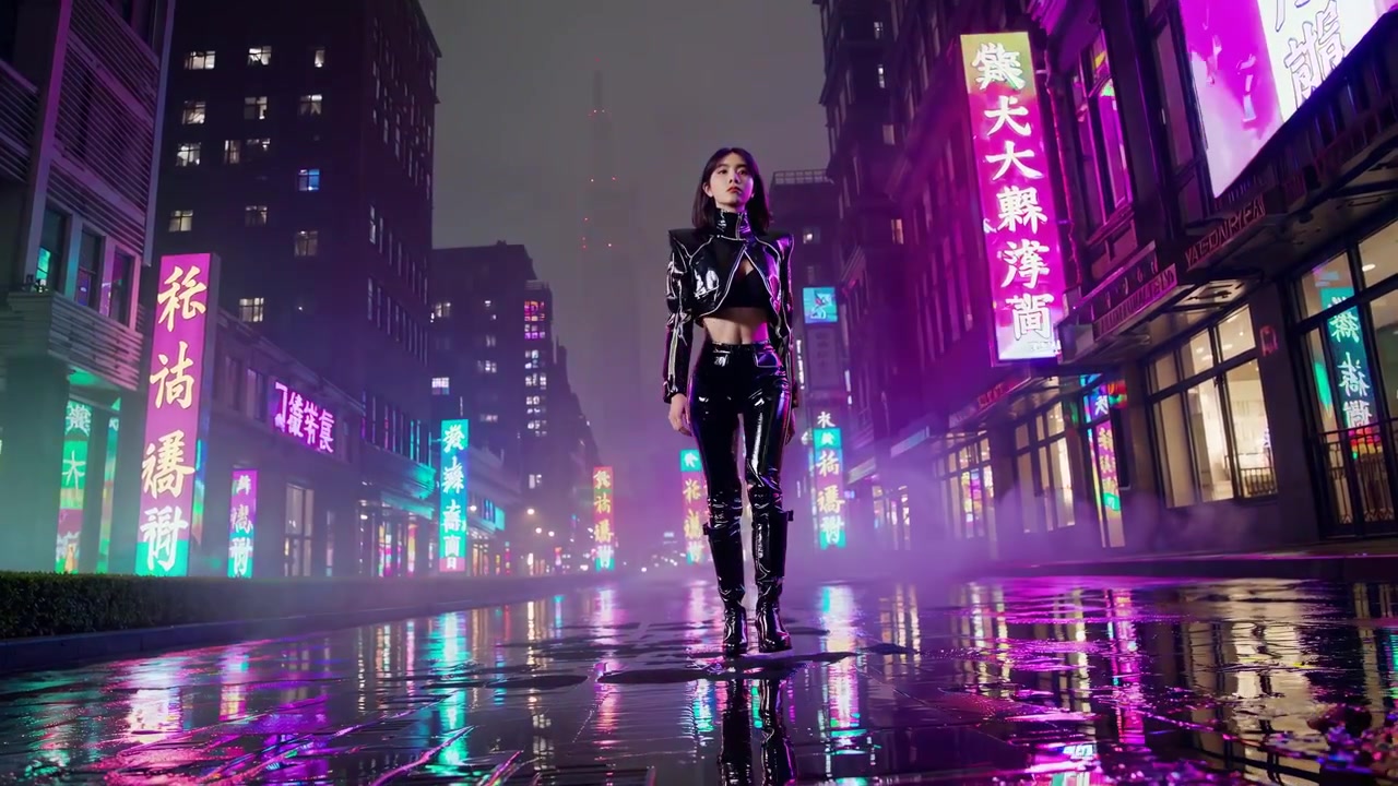 Mujer con estilo caminando por una calle urbana iluminada con neón por la noche