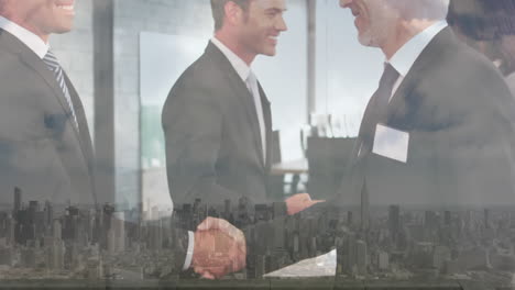 animation of businessman handshake over cityscape