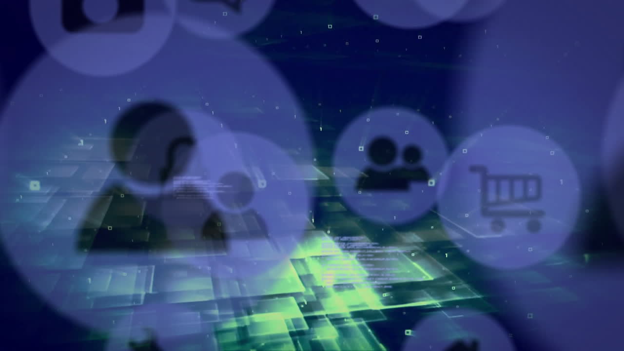 소셜 미디어 및 전자 상거래 아이콘 애니메이션 디지털 그리드 배경