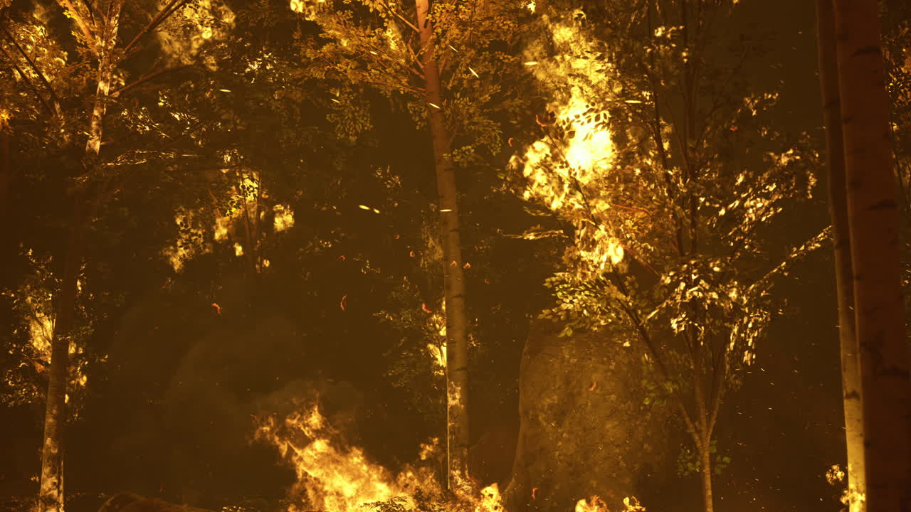Forest fire consumes trees in a dramatic display of flames at night