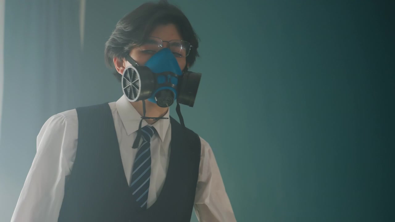 Young man wearing respirator mask, formal vest and tie by teal wall, profile shots capture tense anticipation, filtered light through curtains, protective filter closeup, scenes suggest student