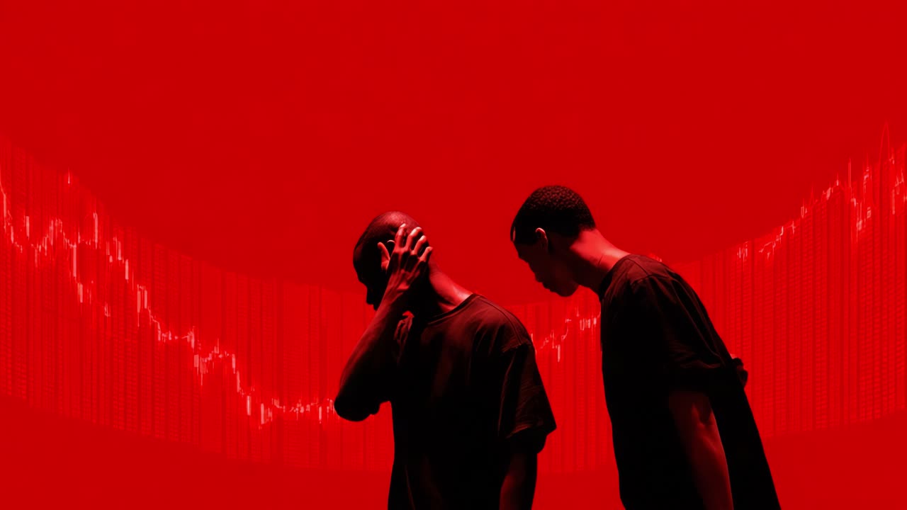 Two individuals in a striking red environment depict deep contemplation and emotion amidst a backdrop of fluctuating data, symbolizing the impact of financial trends on mental states