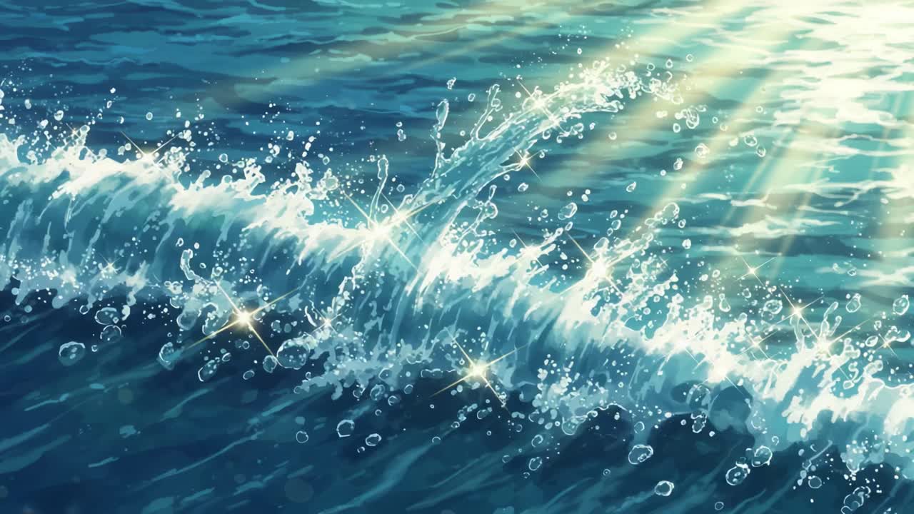 A Captivating Serenade of Ocean Waves and Sunlight: This Ethereal Scene Captures the Dazzling Beauty of Sunbeams Dancing Over the Tranquil Water Surface