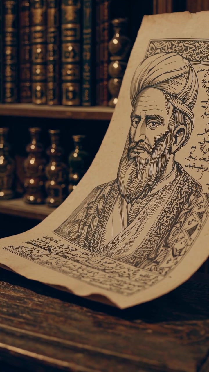 Illustration af et gammelt portræt på pergament i et bibliotek